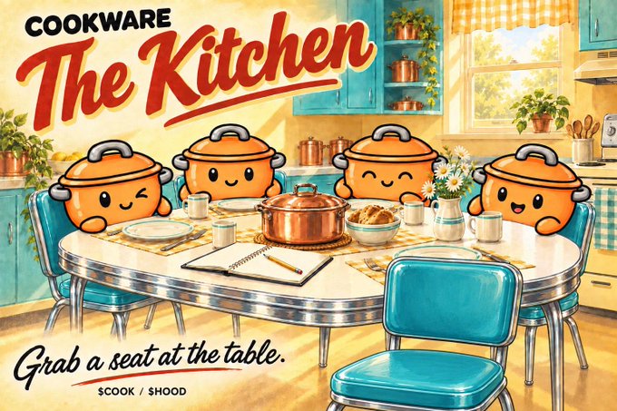 A retro-style illustrated advertisement titled 'COOKWARE The Kitchen - Grab a seat at the table' showing cartoon orange pots sitting at a diner table, branded $COOK / $HOOD.