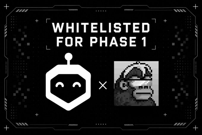 A digital graphic with a tech-style border announces 'WHITELISTED FOR PHASE 1' and displays a partnership between a hexagonal robot logo and a pixelated monkey character.