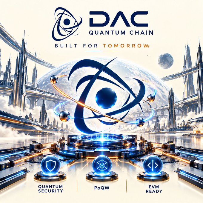 A futuristic promotional image for "DAC Quantum Chain" with the tagline "BUILT FOR TOMORROW," featuring advanced cityscapes, atomic symbols, and icons for Quantum Security, PoQW, and EVM Ready.
