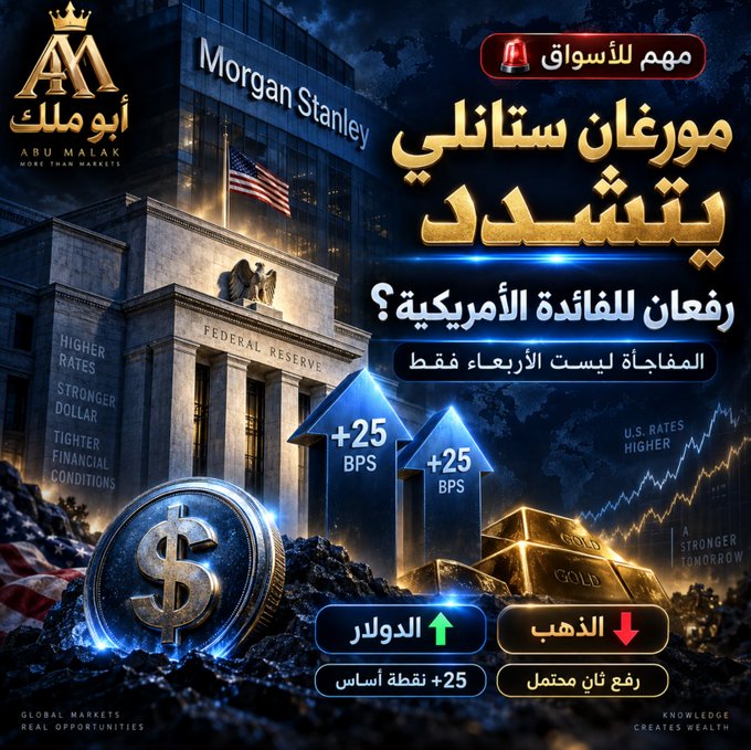 An Arabic financial news graphic from أبو ملك (Abu Malak) about Morgan Stanley predicting a strong dollar, featuring imagery of the Federal Reserve, US flag, gold bars, and dollar coin with text indicating +25 BPS rate hikes and a falling gold price.