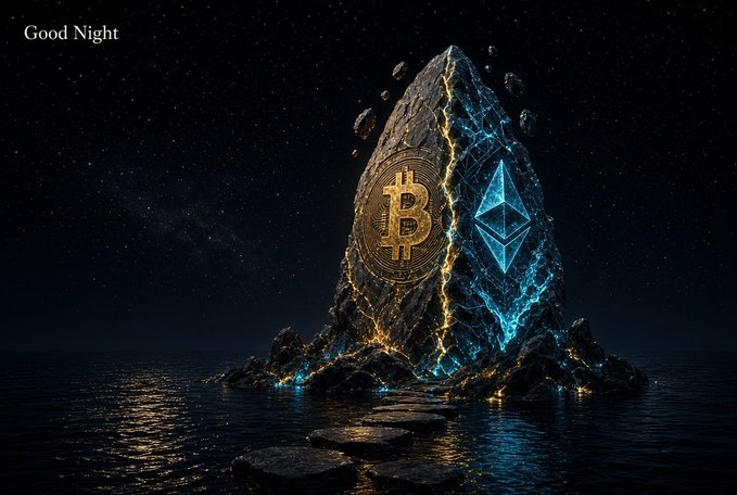 A dark, fantasy-themed digital artwork titled 'Good Night' featuring a glowing rocky monolith in water, displaying a golden Bitcoin logo and a glowing blue Ethereum logo.