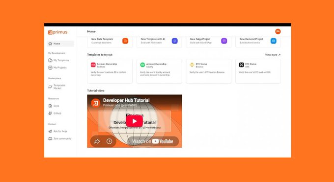 A screenshot of the 'primus' platform dashboard showing options like 'New Data Template', 'New Template with AI', 'New Data Project', and a 'Developer Hub Tutorial' video thumbnail.