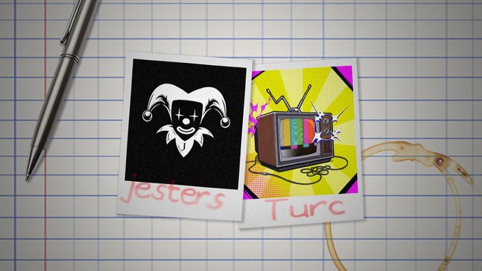 The image presents two images - one of a jester's head with his mask, and another of an old television set being used as decoration or a prop. These images are related to the collab done between the @jestersjpegs and the @TurcNFT supply. A caption at the bottom indicates that this collaboration involves sharing spots for this image, possibly in a comic book, with @jestersjpegs. The caption also suggests that the price of these shares is $3 and chain:eth Hand drawn characters.
