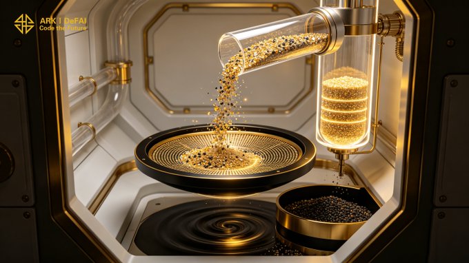 A futuristic gold-and-black chamber displays granular golden particles pouring from a glass cylinder into a reflective funnel, symbolizing the refining process. The "ARK | DeFAI" logo appears in the top-left corner, visually representing the post's message of refining AI through the Arkie AI App to deliver greater utility, users, and value to the ARK ecosystem.