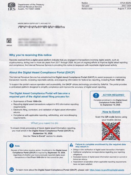 Official IRS notice from the Department of the Treasury (Notice CP14-432B, Tax Year 2017) regarding digital asset transactions and enrollment in the Digital Asset Compliance Portal (DACP) by September 10, 2026.