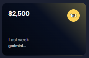 The image shows a $2,500 prize notification for "1st" place from "Last week godmint..." which relates to the post announcing the user's win of Toshi's 1st place weekly giveaway.