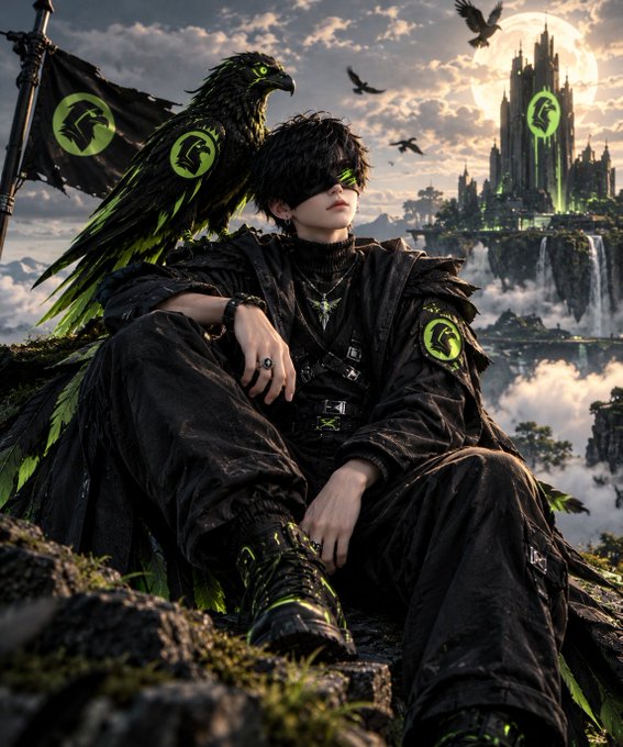 An anime-style fantasy illustration depicts a dark-haired character with green accents sitting on a rocky cliff beside a black raven, with a mystical glowing castle and waterfalls in the background.
