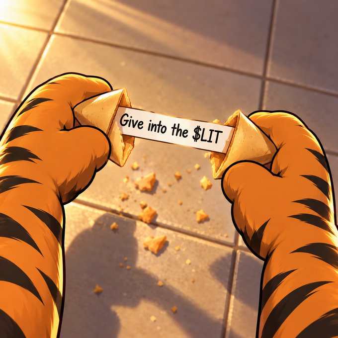 Tiger-striped hands breaking open a fortune cookie revealing the message 'Give into the $LIT'.