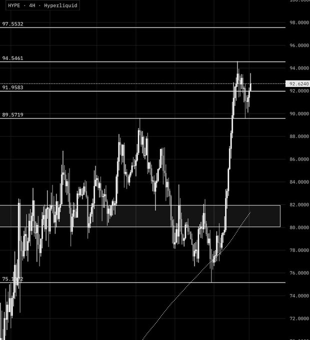 A black and white candlestick price chart labeled 'HYPE - 4H - Hyperliquid' showing price levels including 97.5532, 94.5461, 92.6248, 91.9583, and 89.5719.