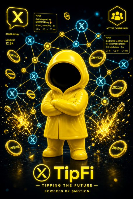 A promotional graphic for TipFi features a yellow hooded figure surrounded by $MOTION tokens, with text reading 'TIPPING THE FUTURE POWERED BY $MOTION'.