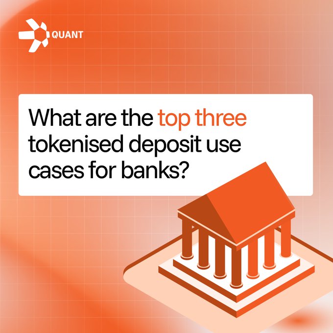 A branded social media graphic featuring the Quant logo in the top left corner on an orange gradient background with a subtle grid pattern, displaying the headline question "What are the top three tokenised deposit use cases for banks?" in a white text box, accompanied by an isometric illustration of a classical bank building with columns, designed to promote a thought leadership article about emerging tokenised deposit applications in the banking sector.