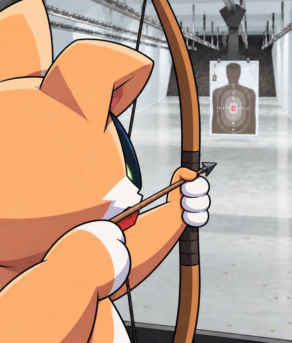 An orange anthropomorphic cat character with green eyes draws a bow and arrow, aiming at a human silhouette target down a metallic corridor.