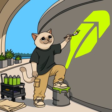 An anthropomorphic cat character is spray-painting a large green upward arrow on a wall while standing on a bucket, with a cart of spray cans beside them—visually representing the "one stroke at a time" theme of the $CASHCAT meme contest artwork being built up piece by piece within the Robinhood ecosystem.