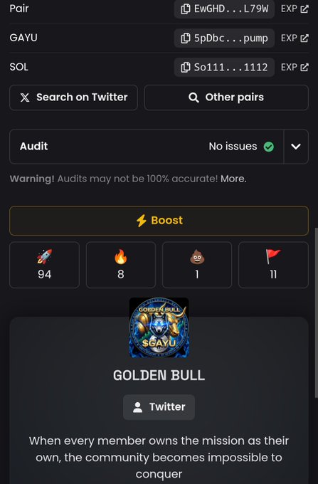 A screenshot of a cryptocurrency tracking dashboard displaying tokens like GAYU and SOL on the Solana blockchain, with an audit showing "No issues" and a "Golden Bull" community banner emphasizing unity. The image supports the post "Drop your Sol" by promoting engagement around Solana-based tokens, particularly GAYU, within a bullish community context.