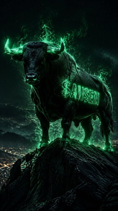 A digital art piece depicting a black bull with glowing green smoke/fire emanating from it, with '$ANSEM' written in green text on its side, standing on a rocky peak overlooking a city at night.
