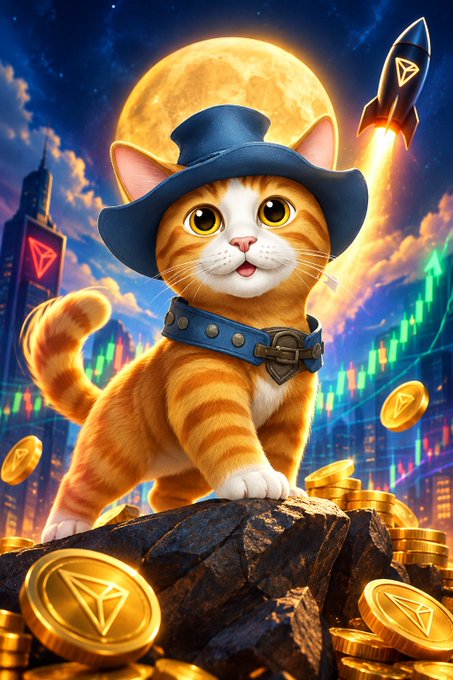 A digital illustration of a cute orange tabby cat wearing a blue top hat and collar with a bell, standing on a rock surrounded by gold coins with a city skyline, stock charts, a full moon, and a rocket in the background.