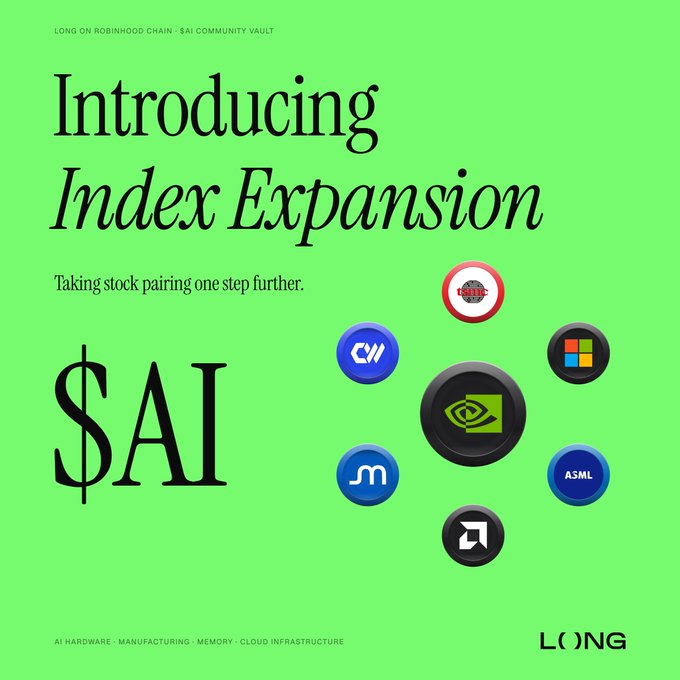 A promotional graphic on a bright green background announces "$AI Community Vault" Index Expansion "Taking stock pairing one step further," featuring the $AI ticker alongside circular logos for SMCI, C, MSFT, NVIDIA, M, ASML, and Arista. The design aligns with the post's message that $AI has effectively become an AI index, bundling major AI hardware and cloud infrastructure stocks (like NVIDIA, Microsoft, and ASML) into a single Robinhood Chain community asset mirroring a BlackRock-style onchain index.