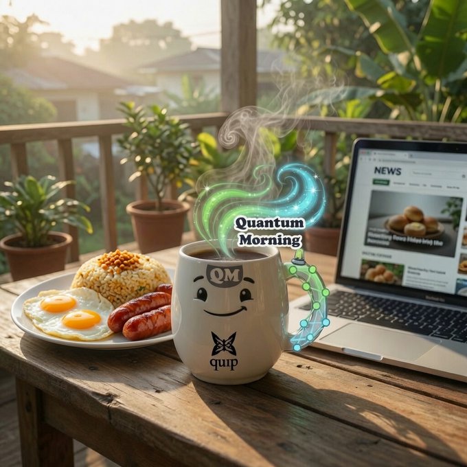 A steaming mug labeled 'Quantum Morning' with a smiley face and 'QM' sits on a wooden table next to a plate of eggs, sausage, and rice, with a laptop showing a news site in the background.