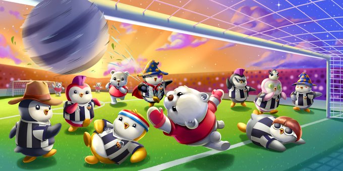 An animated scene of cartoon polar bears and penguins playing volleyball on a green court, with one ball flying through the air.