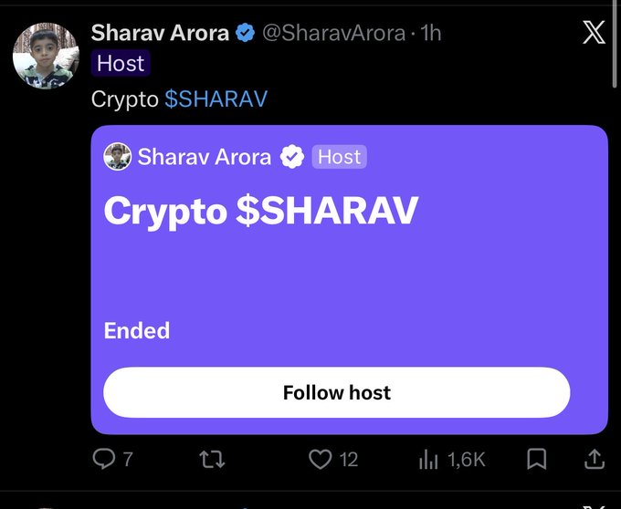 A tweet from Sharav Arora (@SharavArora) shows a screenshot of an X (Twitter) space titled "Crypto $SHARAV" hosted by 11-year-old Sharav Arora, which has ended with 1.6K attendees, 7 replies, and 12 likes. The image illustrates the post's concern about an 11-year-old being able to launch a crypto token and host streams on PumpFun without apparent parental oversight.