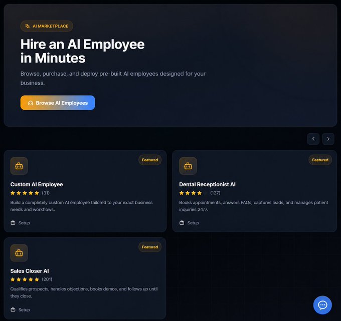 A webpage screenshot titled 'Hire an AI Employee in Minutes' for AI Marketplace, listing Featured AI employees: Custom AI Employee, Dental Receptionist AI, and Sales Closer AI.