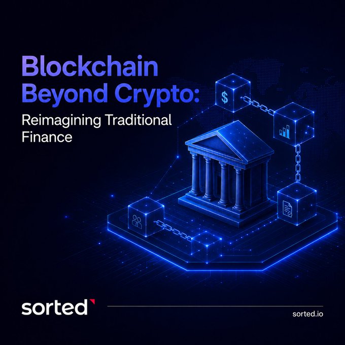 A digital marketing graphic with the title 'Blockchain Beyond Crypto: Reimagining Traditional Finance' featuring a stylized bank building surrounded by blockchain cubes, branded with 'sorted' and 'sorted.io'.
