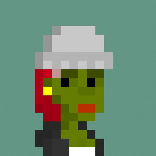 A pixel art character portrait of a green-skinned zombie-like figure wearing a red shirt, dark jacket, and a white paper hat against a solid teal background.