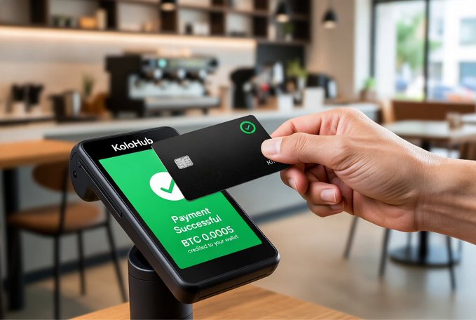 The image shows a person holding a black credit card over a payment terminal displaying a green screen with a checkbox that says "Payment successful" and a number "4500". The person's hand is holding the credit card, which has been used for making a purchase at a coffee shop or restaurant. The post suggests that the user has successfully completed their transaction using the credit card and is now in the process of moving past the testing phase to actual daily usage with KoloHub.