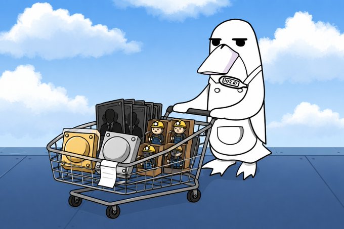 A cartoon ghost wearing an "IDZ-001" name tag pushes a shopping cart full of NFTs, including gold and silver "Button Pressers" pieces and miner figures, symbolizing the post's description of buying crypto/NFT assets on the Robinhood chain.