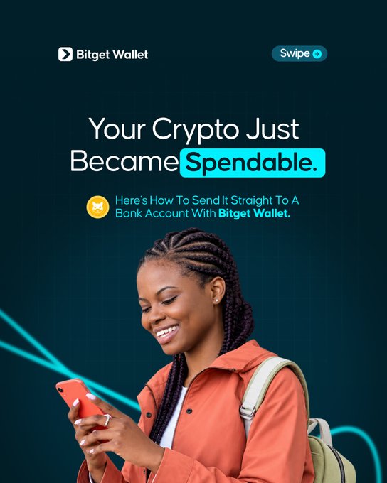A smiling woman with braided hair uses her smartphone against a dark teal background, with promotional text reading "Your Crypto Just Became Spendable. Here's How To Send It Straight To A Bank Account With Bitget Wallet." The Bitget Wallet branded graphic illustrates the post's message about easily transferring cryptocurrency directly to bank accounts.