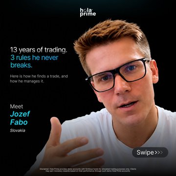 An Instagram carousel post from 'holaprime' featuring Jozef Fabo from Slovakia, advertising his 13 years of trading experience and '3 rules he never breaks.'