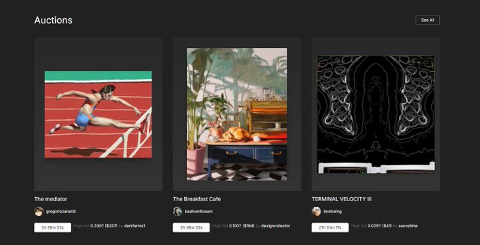 The image shows three different pictures, each with a caption below them. The first picture features an athlete running down a track. The second picture displays a painting of a woman doing a handstand. The third picture showcases a sculpture of a person sitting on a chair. These images are part of a larger collection that is being auctioned online for a fee. The post also mentions the term "TERMINAL VELOCITY III" and provides details about the auction, including its location ( "@SuperRare reserve met, currently @025eth Terminal velocity is a ipfs pinned thin html file that is a piece of video dj software that is evolving.").