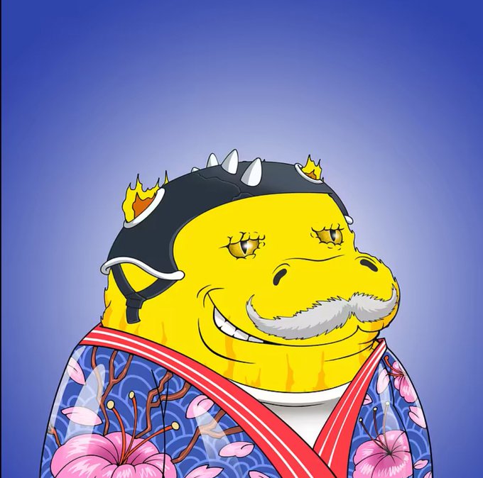 A cartoon illustration of a yellow hippopotamus character dressed in traditional Japanese attire with floral patterns, wearing a horned helmet and sporting a mustache.