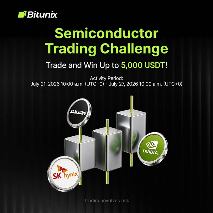 A Bitunix promotional graphic for the Semiconductor Trading Challenge, featuring logos of Samsung, SK Hynix, and Nvidia alongside metallic candlestick chart bars, with details showing a chance to win up to 5,000 USDT from July 21–27, 2026 (10:00 UTC).