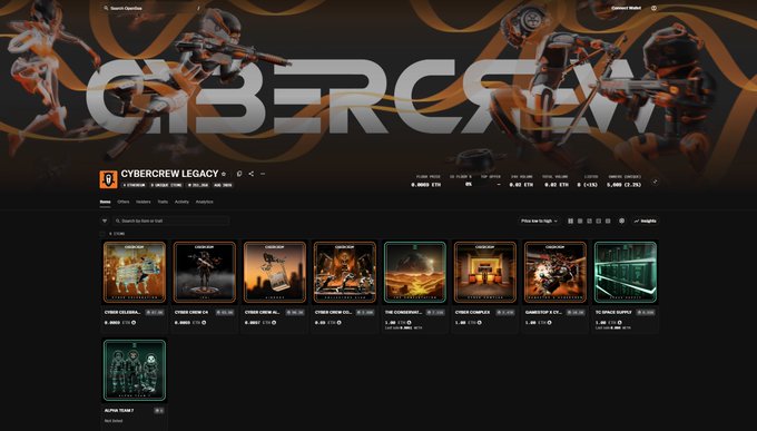 A webpage for 'CYBERCREW LEGACY' NFT collection on an orange-themed interface showing various cyberpunk character thumbnails and stats.