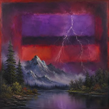 A dramatic landscape painting featuring a snow-capped mountain, evergreen trees, and a lake under a stormy purple and red sky with lightning bolts.