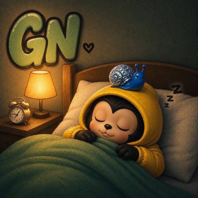 A digital illustration of a child sleeping in a yellow hooded onesie with a small blue snail resting on their head, under the text "GN" with a heart symbol, and "Zzz" indicating sleep.