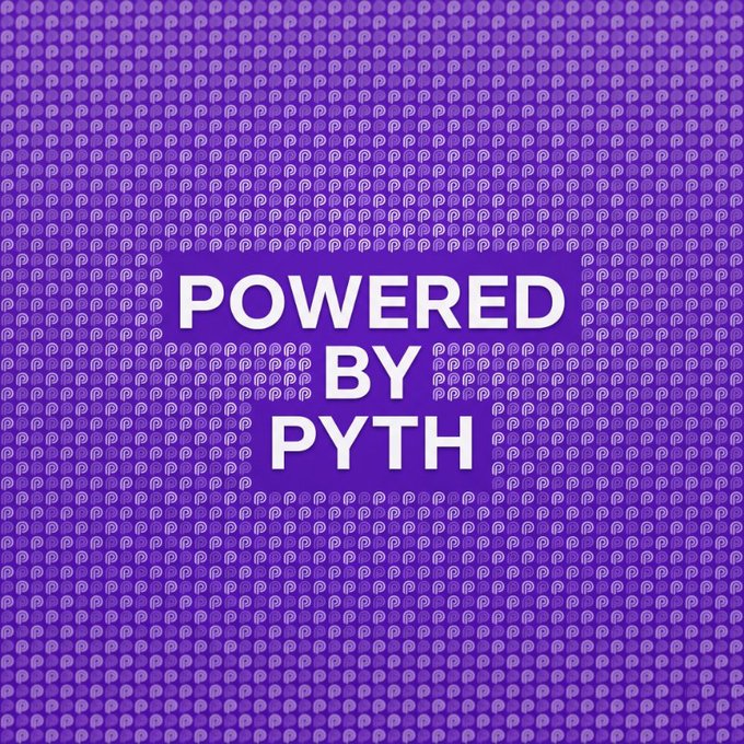 A purple graphic featuring a repeating hexagonal pattern with the bold text "POWERED BY PYTH" displayed in white against a darker hexagonal badge, visually reinforcing the post's announcement about a perpetuals DEX integrating with the Pyth Network oracle.