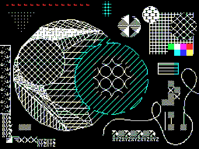 Abstract digital/cyberpunk artwork featuring a large 3D sphere covered in circuit-board patterns and grid textures, surrounded by geometric shapes, crosshairs, charts, and a small figure on the right, rendered in neon blue, white, and black.
