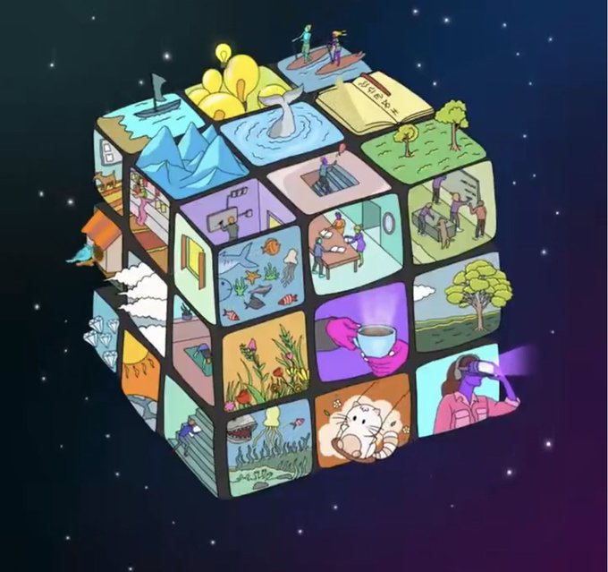 An artistic illustration of a Rubik's cube-like structure floating in a starry space background, with each square containing a different scene depicting various aspects of life and nature.
