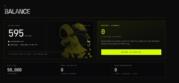 A dark-themed dashboard titled 'BALANCE' displaying 595 'TIPPING POINTS' and 0 'TOPPED FROM 0 ACCOUNTS' with a 'NOTHING TO CLAIM YET' button.