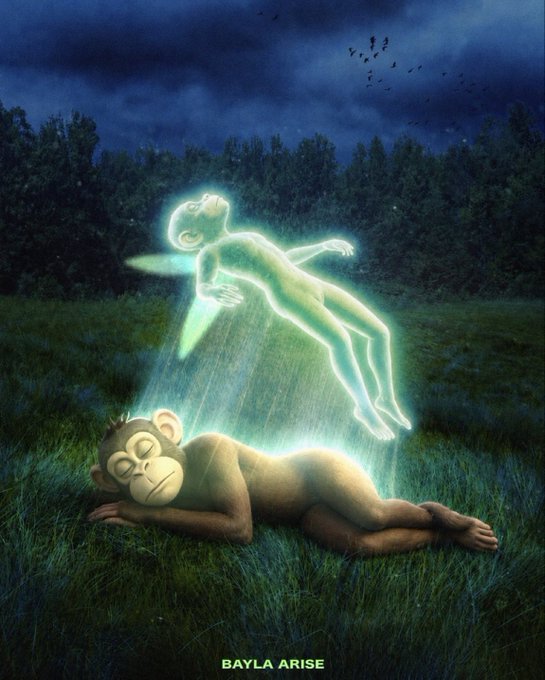 A glowing green ethereal figure rises like a spirit muse from a sleeping chimpanzee in a moonlit grassy field, with "BAYLA ARISE" text at the bottom, visually embodying the post's theme of the muse as a universal yet deeply personal force awakening the dreamer.