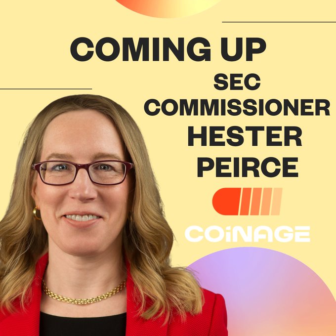 A 'COMING UP' promotional graphic from Coinage featuring SEC Commissioner Hester Peirce.