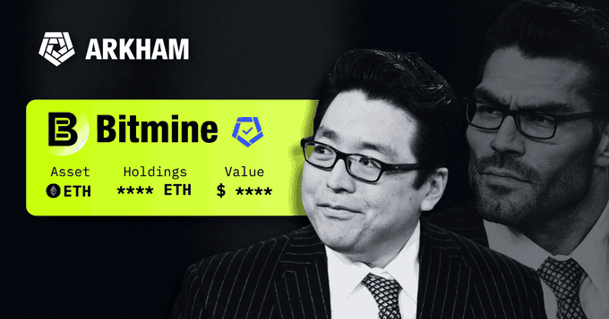 The image features the ARKHAM logo alongside a Bitmine holdings card displaying ETH assets and a value of ****, with "Tom Lee" visually represented by the man in glasses on the left—shaping him as Ethereum's equivalent to Michael Saylor, shown on the right as Bitcoin's counterpart. This visual reinforces the post's comparison of the two influential figures backing their respective crypto accumulation strategies.