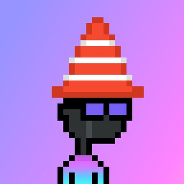 A pixel art character portrait featuring a black figure with purple eyes wearing a red and white striped party hat and a colorful shirt against a purple gradient background.