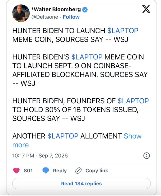 A screenshot of an X (Twitter) post from *Walter Bloomberg (@Deltaone) reporting WSJ news that Hunter Biden will launch a $LAPTOP meme coin on a Coinbase-affiliated blockchain on September 9, with founders holding 30% of the 1 billion tokens issued.
