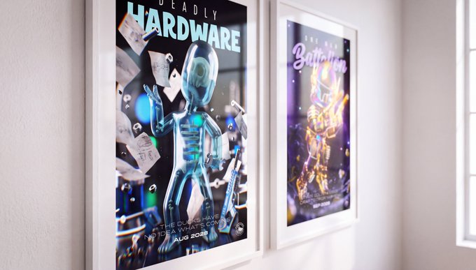 Two framed posters hang on a white wall; the left features a blue robot titled 'DEADLY HARDWARE' dated 'AUG 2023', while the right shows a neon-styled character titled 'THE NEW Battalion'.