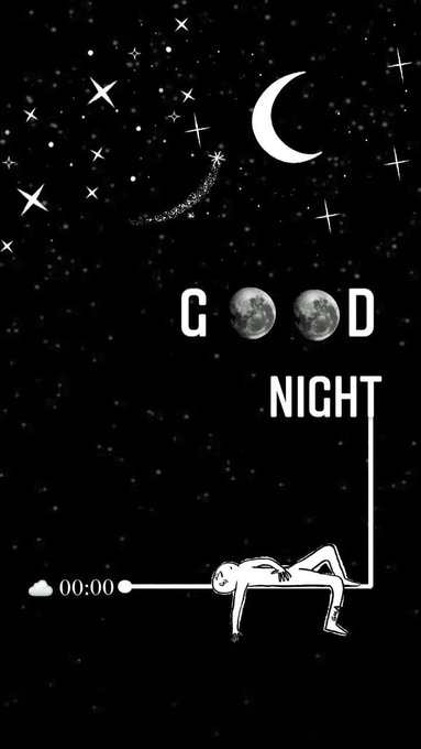 A black and white phone wallpaper design with a starry night sky, crescent moon, the text 'GOOD NIGHT' using moon images for the Os, and a small line-art figure hanging from the 'T' above a '00:00' sleep timer.
