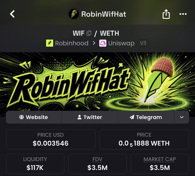 A screenshot of a crypto token listing for "RobinWifHat" (WIF/WETH) on Uniswap V3, showing a price of $0.003546 USD (0.051888 WETH) with a market cap and FDV of $3.5M and liquidity of $117K. The image reflects the optimistic post about the token's metrics aligning favorably.