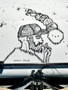 A view of a car's windshield covered in dust art depicting a bearded figure smoking a pipe under a cap that reads 'Blunt,' with the phrase 'never stop' written below.